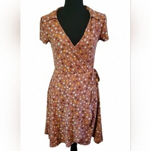 Planet Gold Floral Wrap Midi Dress in Brown and White